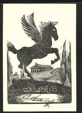 Exlibris Pegasus vor Tempel