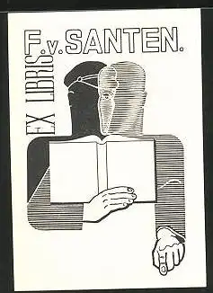 Exlibris F. v. Santen, Mann am Lesen