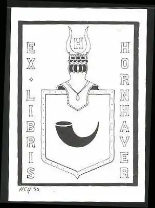 Exlibris Hornhaver, Wappen mit Trinkhorn, Ritterhelm