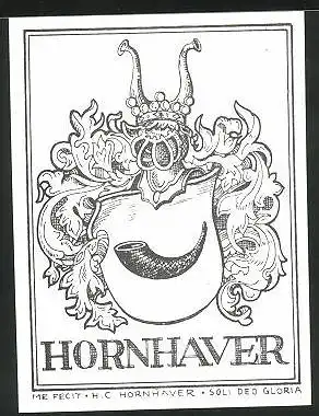 Exlibris Hornhaver, Wappen mit Trinkhorn, Ritterhelm
