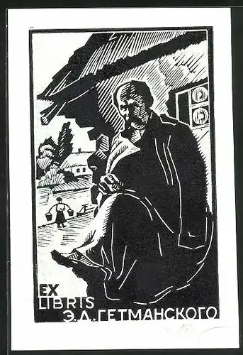 Exlibris E. A. Fetmahckoro, Mann am sitzen