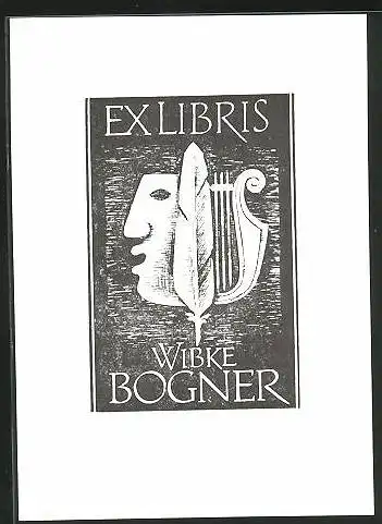 Exlibris Wibke Bogner, Feder, Lyra, Menschen Gesicht