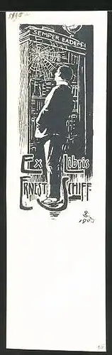 Exlibris Ernst Schiffe, Mann vor einem Bücherregal