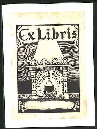 Exlibris Kamin mit Feuer und Kochtopf
