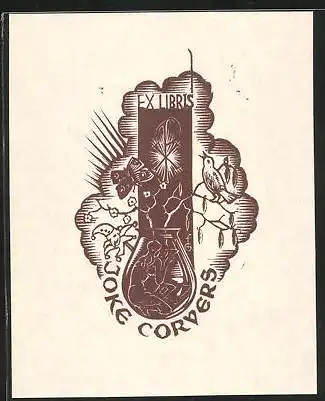 Exlibris Joke Corvers, Joker Puppe, Vogel, Schmetterling