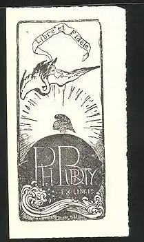 Exlibris P. H. Burty, Storch mit Banner, Welle