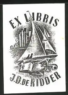 Exlibris J. D. De Ridder, Segelschiff, Bücherregal
