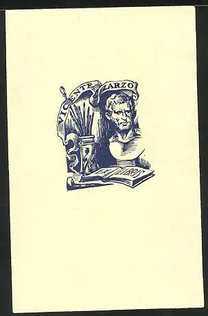 Exlibris Vicente Zarzo, Antike Büste Statue, Atelier eines Malers