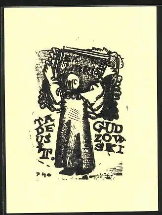 Exlibris Tadeus T. Gudsowski, Gelehrter hängt Exlibris-Buch auf