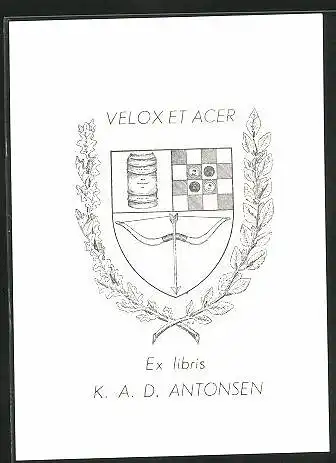 Exlibris K. A. D. Antonsen, Wappen mit Bogen und Bierfass