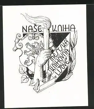 Exlibris Nase Kniha, Wappen mit Löwe und Fackel