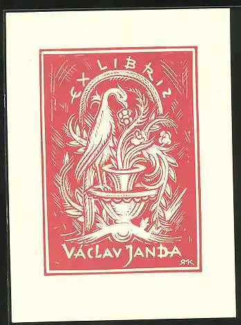 Exlibris Vaclav Janda, Fasan mit Vase und Blumen