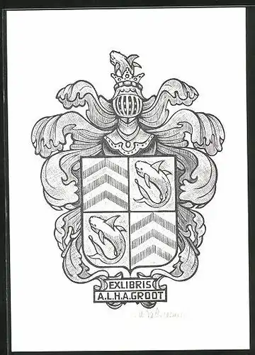 Exlibris A. L. H. A. Groot, Wappen mit Fischen