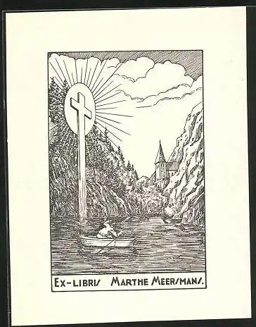 Exlibris Marthe Meersmans, Ruderbootfahrer erblickt Kreuz