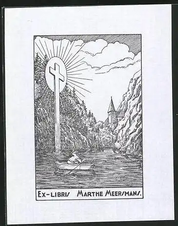Exlibris Marthe Meersmans, Mann im Boot erblickt hl. Kreuz