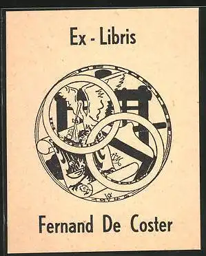 Exlibris Ferndand de Coster, Wappen mit Storch und Adler
