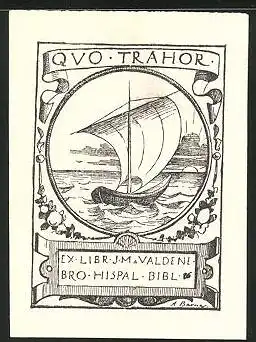 Exlibris J. M. Valdene, Segelschiff auf See
