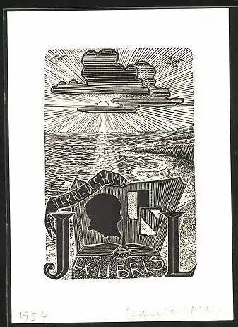 Exlibris J. L., Sonnenaufgang am Meer, Buch