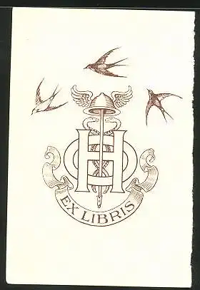 Exlibris Buchstabe H, Hermesstab, Schwalben