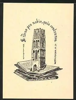 Exlibris Gothischer Turm und Bücher