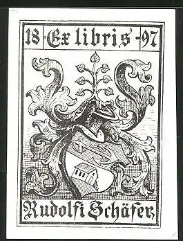 Exlibris Rudolfi Schäfer, Wappen mit Ranken, Anker und Haus