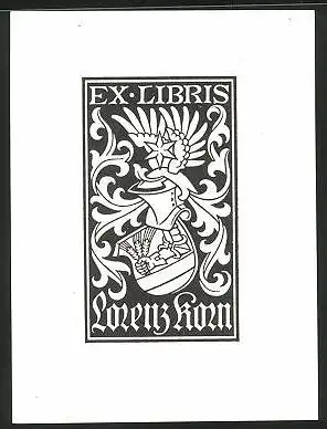 Exlibris Lorenz Korn, Flügelhelm, Ähren