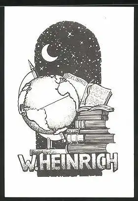 Exlibris W. Heinrich, Globus, Bücher, Sternenhimmel