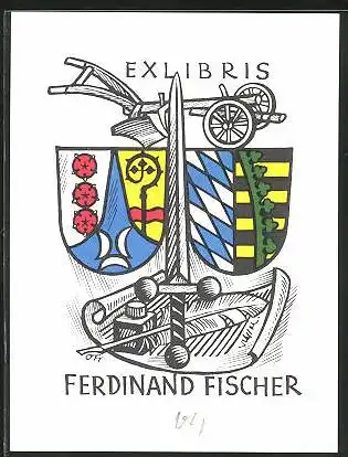 Exlibris Ferdinand Fischer, Wappen, Schwert, Karren, Schreibfeder