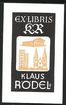 Exlibris Klaus Rödel, Griechischer Tempel, Kirche, Hochhaus