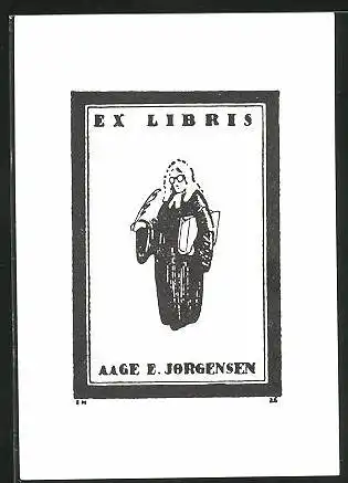 Exlibris Aage E. Jorgensen, Richter in Robe mit Buch und Feder