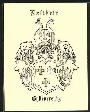 Exlibris Gyllencreutz, Wappen mit Ritterhelm und Kreuz