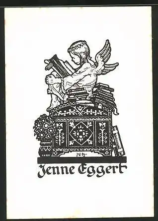 Exlibris Jenne Eggert, Engel beim Lesen auf einer Truhe