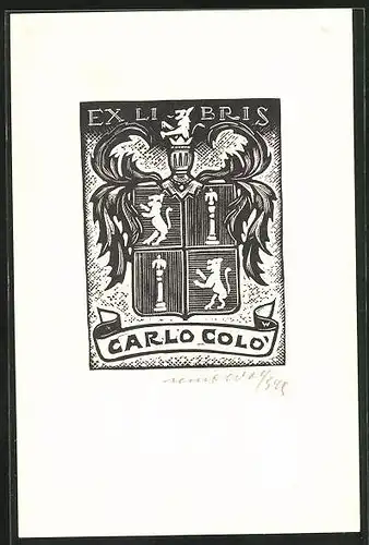 Exlibris Carlo Colo, Wappen mit Palme und Ritterhelm