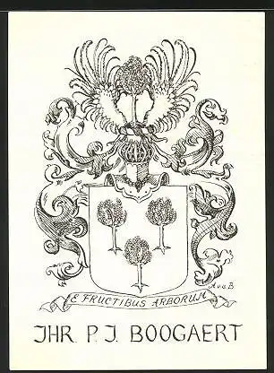 Exlibris P. J. Boogaert, Wappen mit Bäumen und Ritterhelm