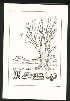 Exlibris Landschaft mit Baum und Flaschenlampe