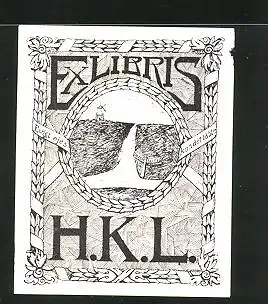 Exlibris H. K. L., Wiese mit Windmühle