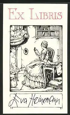 Exlibris Eva Heinemann, Frau im Kleid beim Lesen