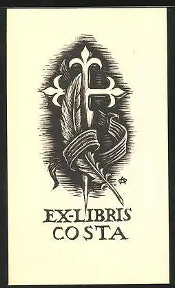 Exlibris Costa, Kreuz mit Feder