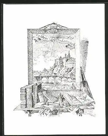 Exlibris Otto Luestner, Landschaft mit Burg und Bücherregal