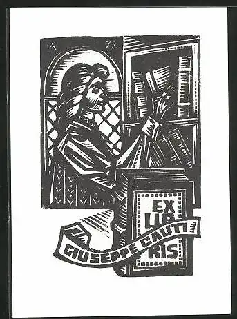 Exlibris Dame am Bücherreagal mit Exlibris