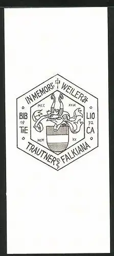 Exlibris Trautner Falkiana, Wappen mit Ritterhelm und Geweih