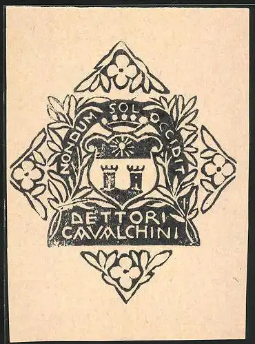 Exlibris Dettori Cavalchini, Wappen mit Burgturm und Sonne