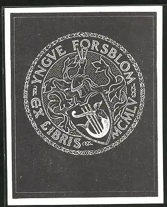 Exlibris Yngve Forsblom, Wappen mit Meerjungfrau und Ritterhelm