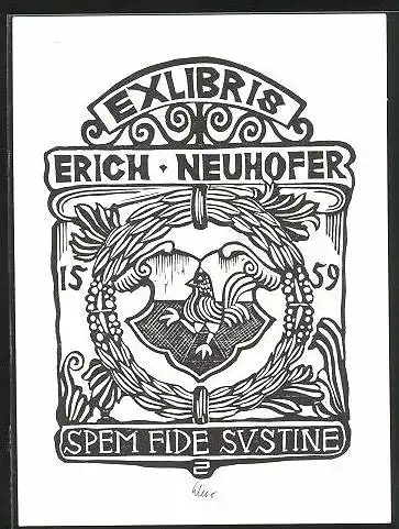 Exlibris Erich Neuhofer, Wappen mit Vogel und Kranz