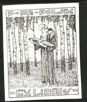 Exlibris P. Fr. Pola`k, Gelehrter beim Lesen im Wald