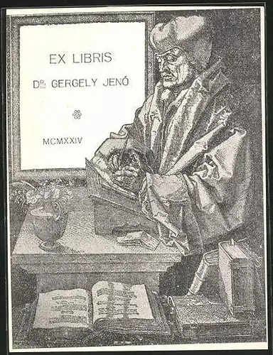 Exlibris Dr. Gergely Jenö, Gelehrter beim schreiben