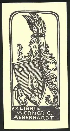 Exlibris Werner E. Aeberhardt, Wappen mit Ritterhelm und Pfeilspitze