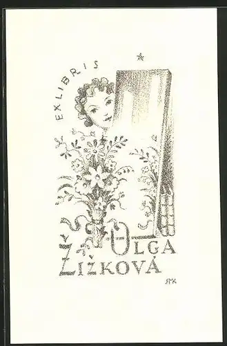 Exlibris Olga Zizková, Mädchen schaut hinterm Spiegel hervor, Blumenstrauss