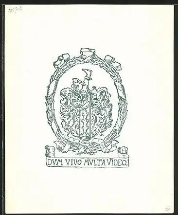 Exlibris Dvm Vivo Mvlta Video, Wappen mit Ritterhelm und Kranz