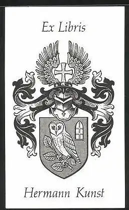 Exlibris Wappen mit Ritterhelm und Kreuz, Eule